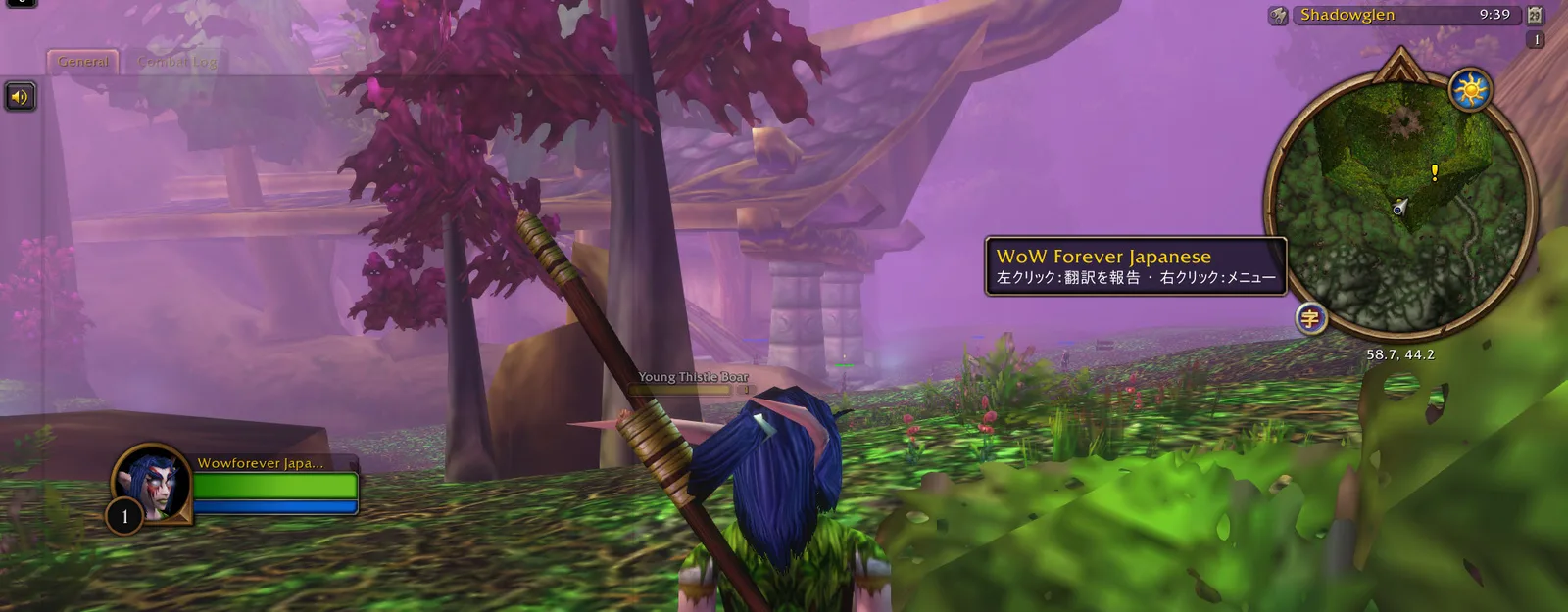 The game in Shadowglen, with the addon's 字 button on the minimap and its tooltip in Japanese